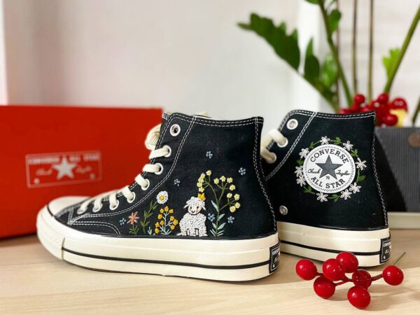 Embroidered Converse High Tops Custom Sheep Flowers