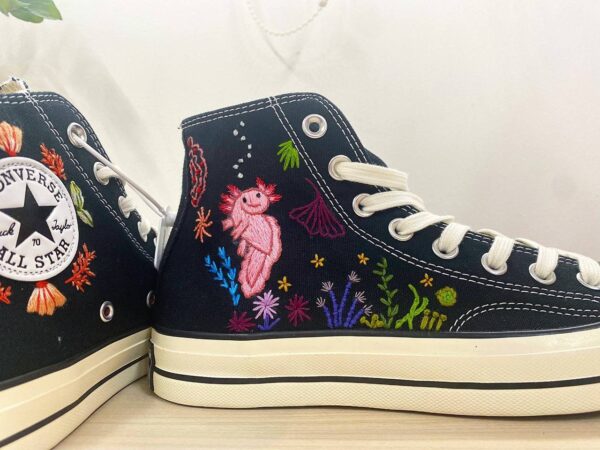 Embroidered Converse High Tops Custom Axolotl Floral