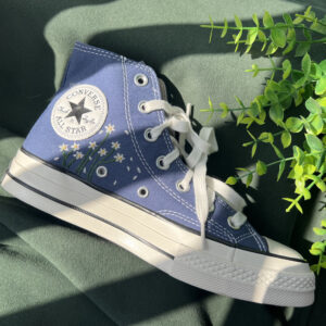 Embroidered Converse High Tops White Chrysanthemum Bouquet And Bees