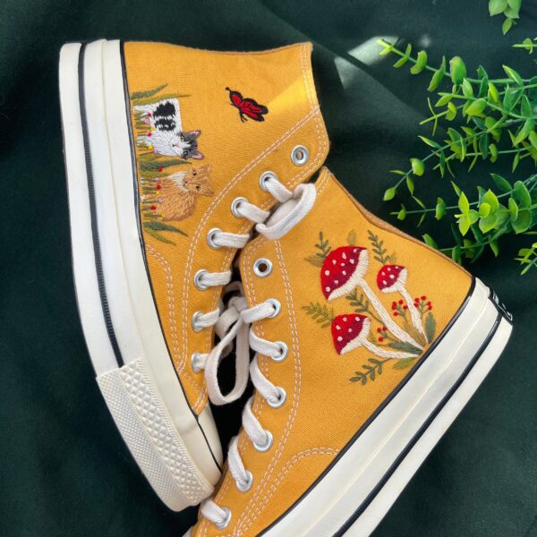 Embroidered Converse High Tops Red Mushrooms And Butterfly