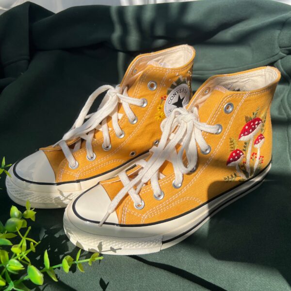 Embroidered Converse High Tops Red Mushrooms And Butterfly