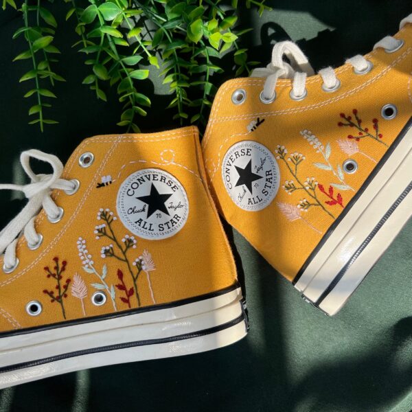 Embroidered Converse High Tops Colorful Bees And Flower Garden