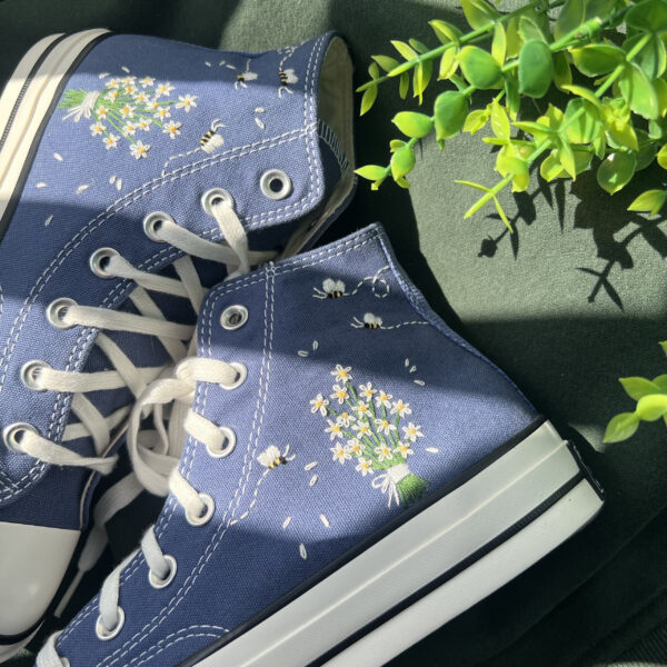 Embroidered Converse High Tops White Chrysanthemum Bouquet And Bees