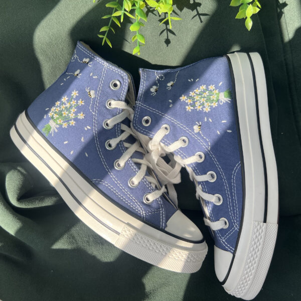 Embroidered Converse High Tops White Chrysanthemum Bouquet And Bees