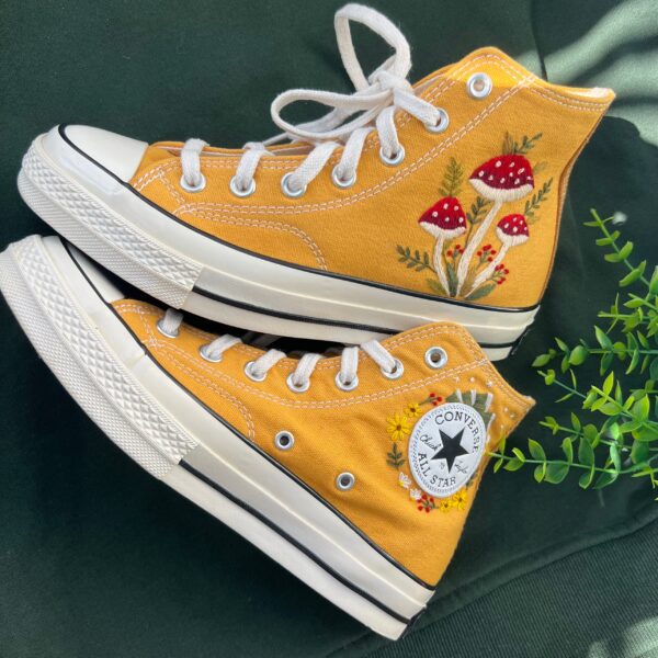 Embroidered Converse High Tops Red Mushrooms And Butterfly