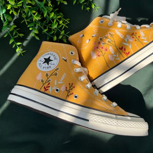 Embroidered Converse High Tops Colorful Bees And Flower Garden