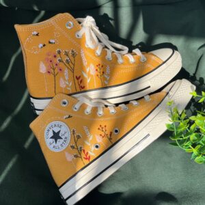 Embroidered Converse High Tops Colorful Bees And Flower Garden