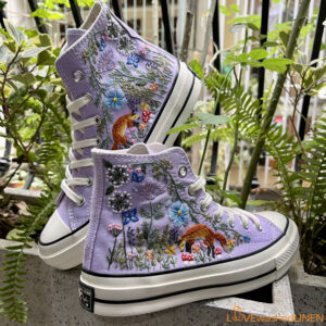 Embroidered Converse High Tops Fox Summer Garden Flowers