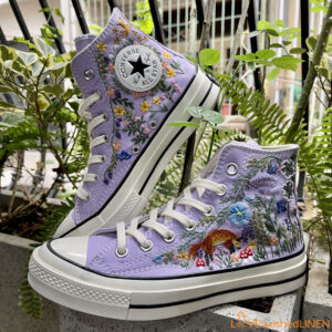 Embroidered Converse High Tops Fox Summer Garden Flowers