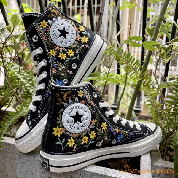 Embroidered Converse High Tops Fox Summer Garden Flowers