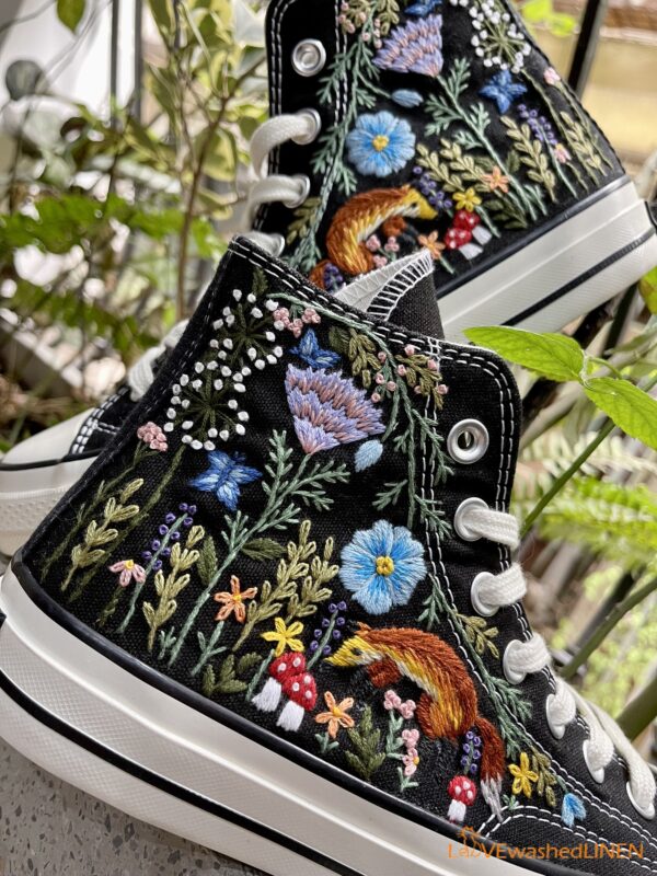 Embroidered Converse High Tops Fox Summer Garden Flowers