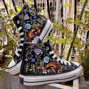 Embroidered Converse High Tops Fox Summer Garden Flowers