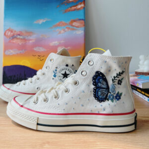 Embroidered Converse High Tops Blue Butterfly Floral