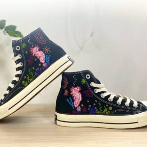 Embroidered Converse High Tops Custom Axolotl Floral