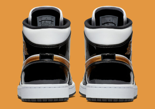 Jordan 1 Mid Patent Black White Gold