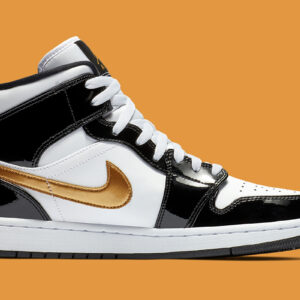 Jordan 1 Mid Patent Black White Gold