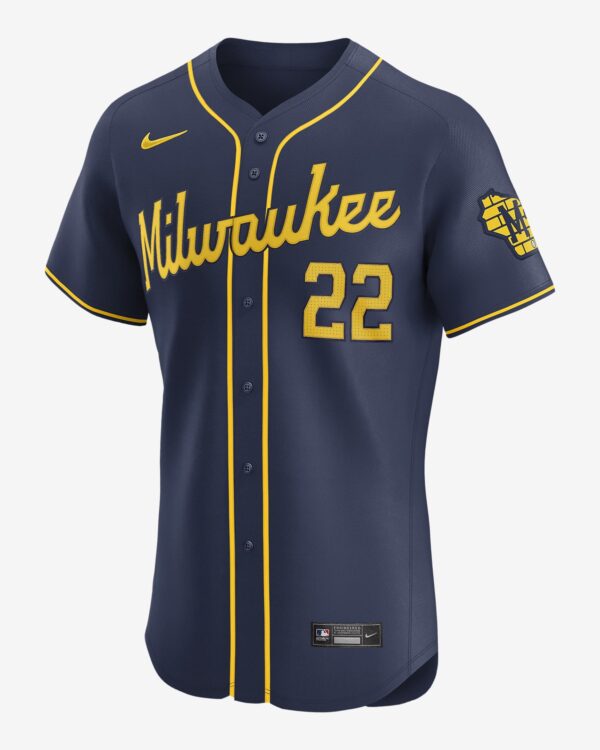 Christian Yelich Milwaukee Brewers Mens Nike Dri-FIT ADV MLB Elite Jersey – Navy