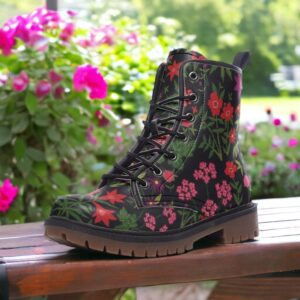 Dark Garden Floral Bohemian Leather Boots Fleece Fur Boots