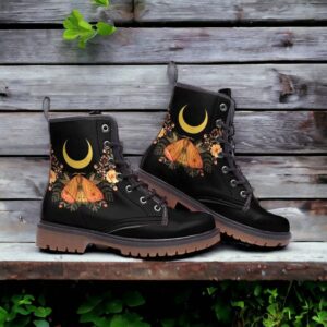 Celestial Floral Moon and Moth Leather Boots Fleece Fur Boots