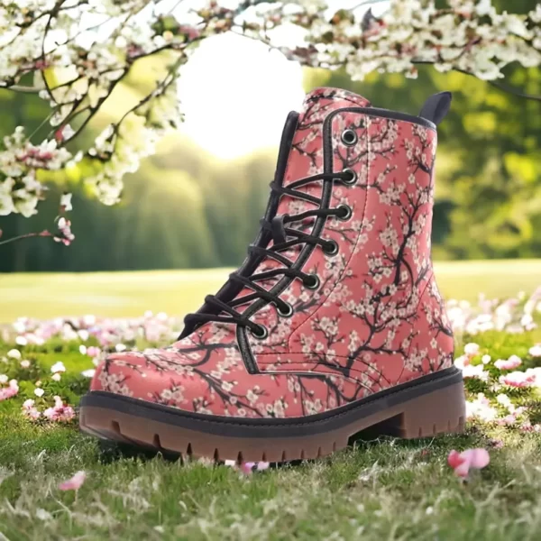 Cherry Blossoms Leather Boots Fleece Fur Boots