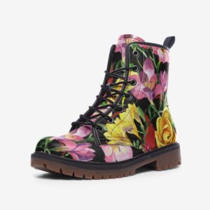 Pink and Yellow Blooms Floral Leather Boots Fleece Fur Boots