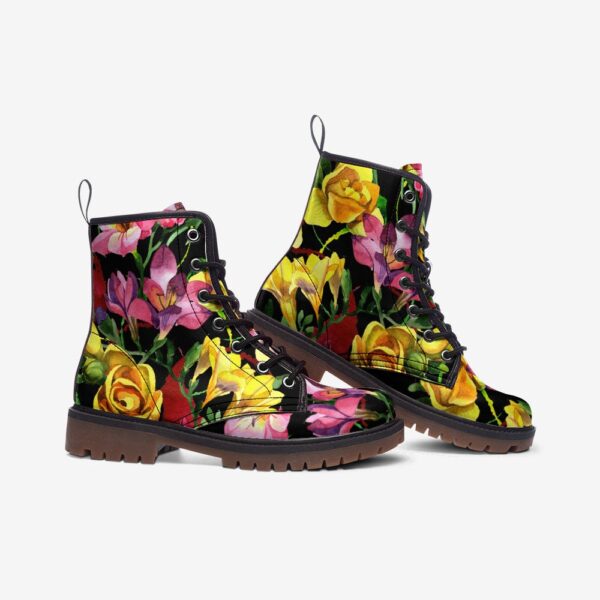 Pink and Yellow Blooms Floral Leather Boots Fleece Fur Boots