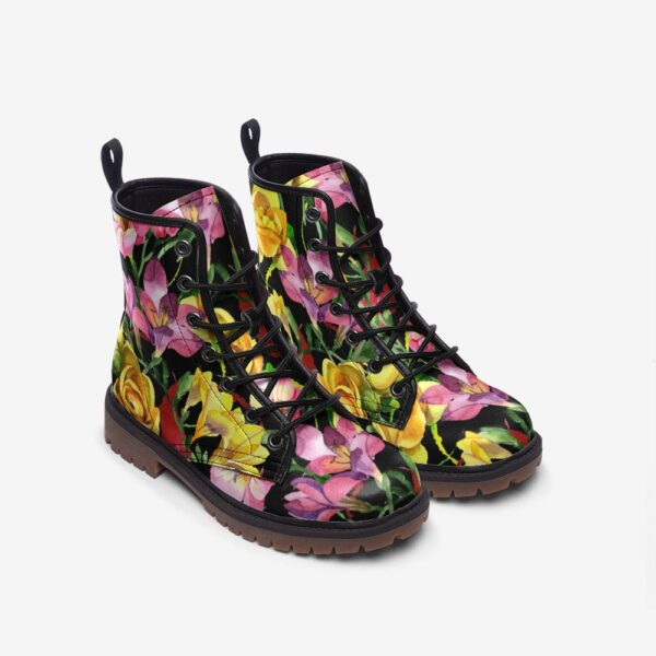 Pink and Yellow Blooms Floral Leather Boots Fleece Fur Boots