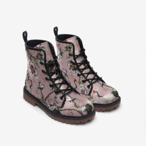 Pink and White Floral Leather Boots Fleece Fur Boots