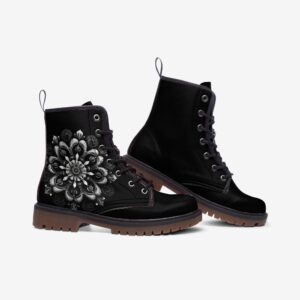 Black Mandala Leather Boots Fleece Fur Boots