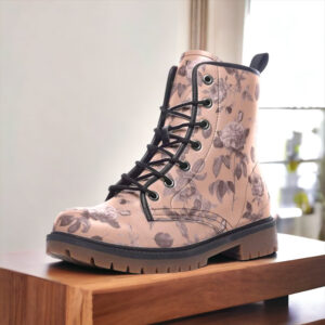 Dusty Rose Floral Leather Boots Fleece Fur Boots