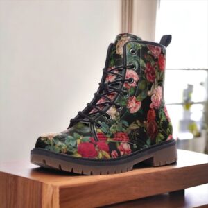 Vintage Gothic Roses Leather Boots Fleece Fur Boots