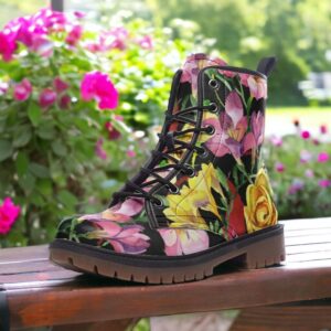 Pink and Yellow Blooms Floral Leather Boots Fleece Fur Boots