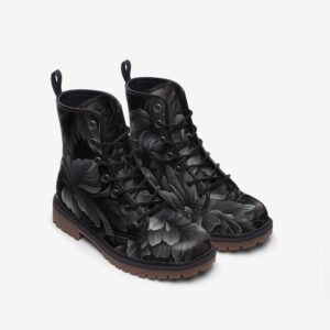 Black and Gray Floral Leather Boots Fleece Fur Boots