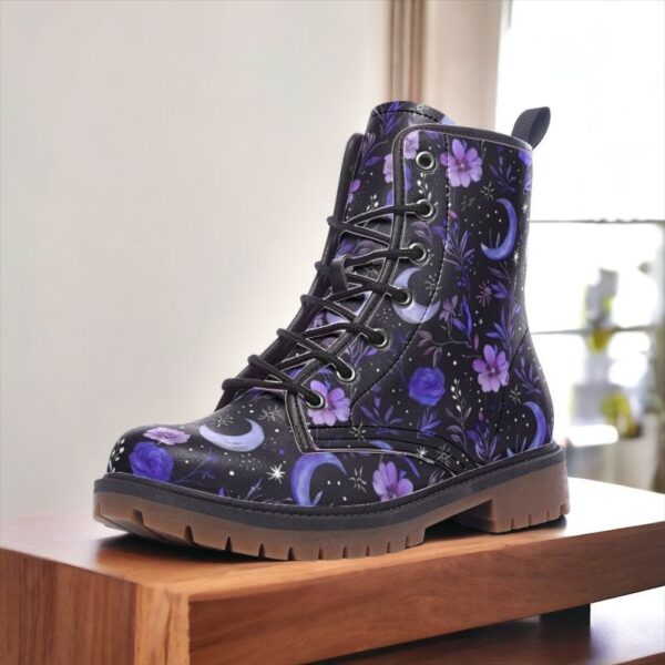 Purple Moons and Flowers Witchy Whimsigoth Leather Boots Fleece Fur Boots