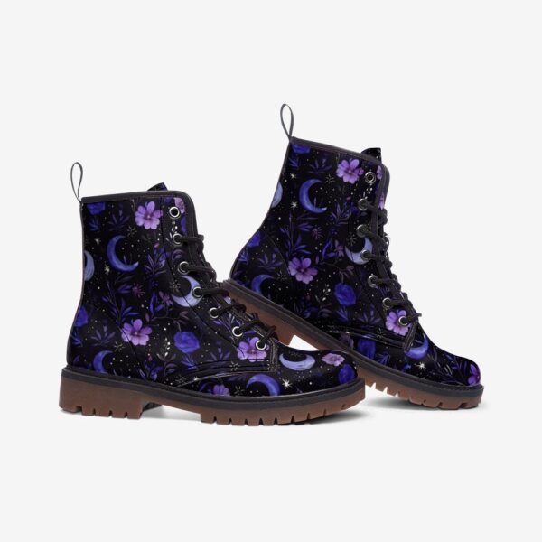 Purple Moons and Flowers Witchy Whimsigoth Leather Boots Fleece Fur Boots