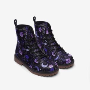 Purple Moons and Flowers Witchy Whimsigoth Leather Boots Fleece Fur Boots