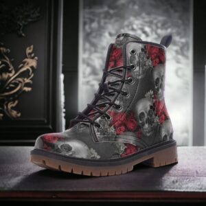 Red Roses and Skulls Gothic Romantic Leather Boots Fleece Fur Boots