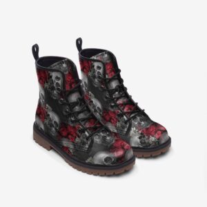 Red Roses and Skulls Gothic Romantic Leather Boots Fleece Fur Boots