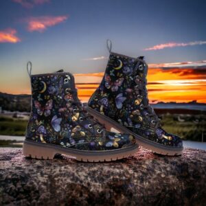 Purple Moons Flowers Mushrooms Butterflies Witchy Leather Boots Fleece Fur Boots