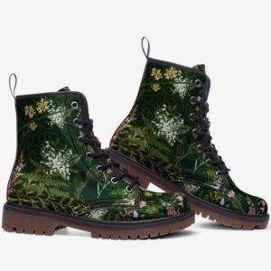 Green Fern Wildflower Vegan Leather Boots Fleece Fur Boots