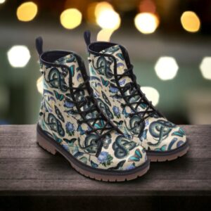 Boho Whimsical Blue and White Forestcore Leather Boots Fleece Fur Boots